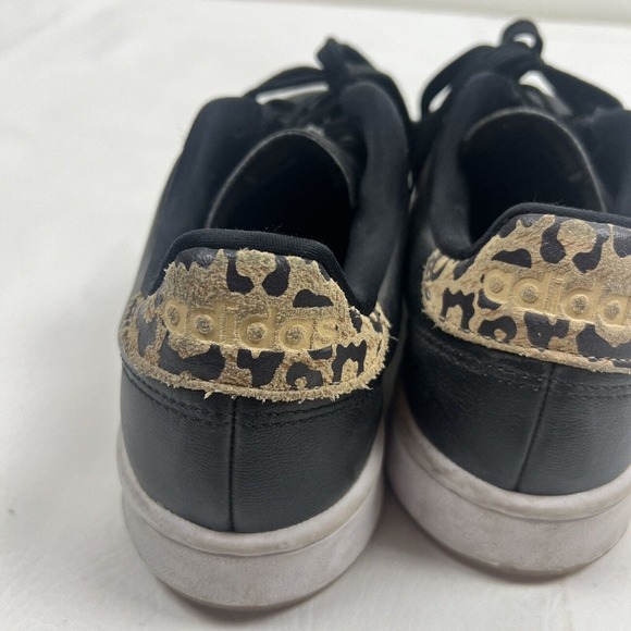 Adidas Shoes Womens 9 Black Leather Cheetah Three Stripe Sneakers Cloudfoam - Picture 7 of 11